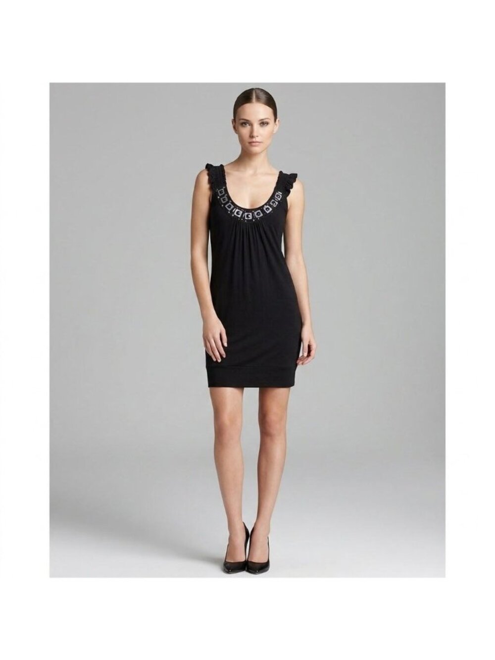 Carrie Allen Black Sleeveless Dress With Beaded Neckline Ruched Shoulders And St